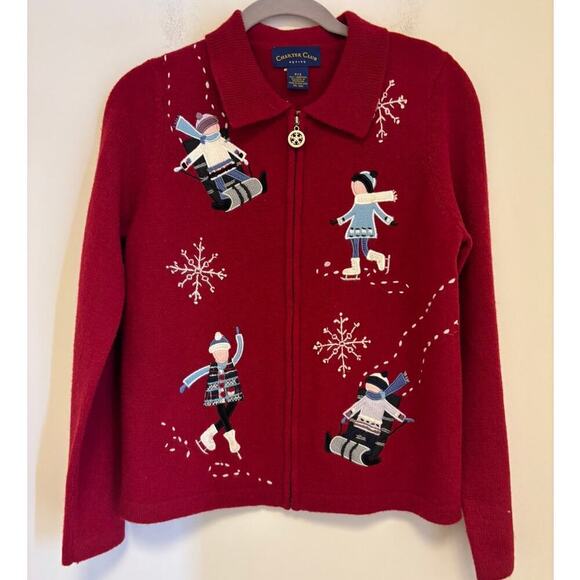 Charter Club Ice Skater Snow Flakes Vintage Embroidered Cardigan Sweater - Picture 1 of 5